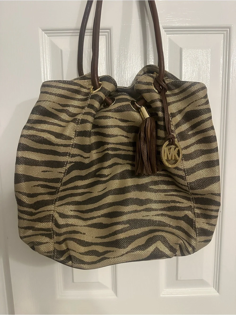 Michael Kors Zebra Print Large Tote Shoulder Bag – Brown/Gold